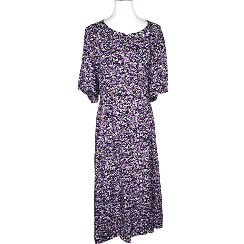 Cottagecore Garden Party 90's Plus Vintage Floral Pintuck Long Dress Purple Tie